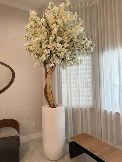 Matte Beige St. Tropez Planter with Custom Made White Cherry Blossom Tree