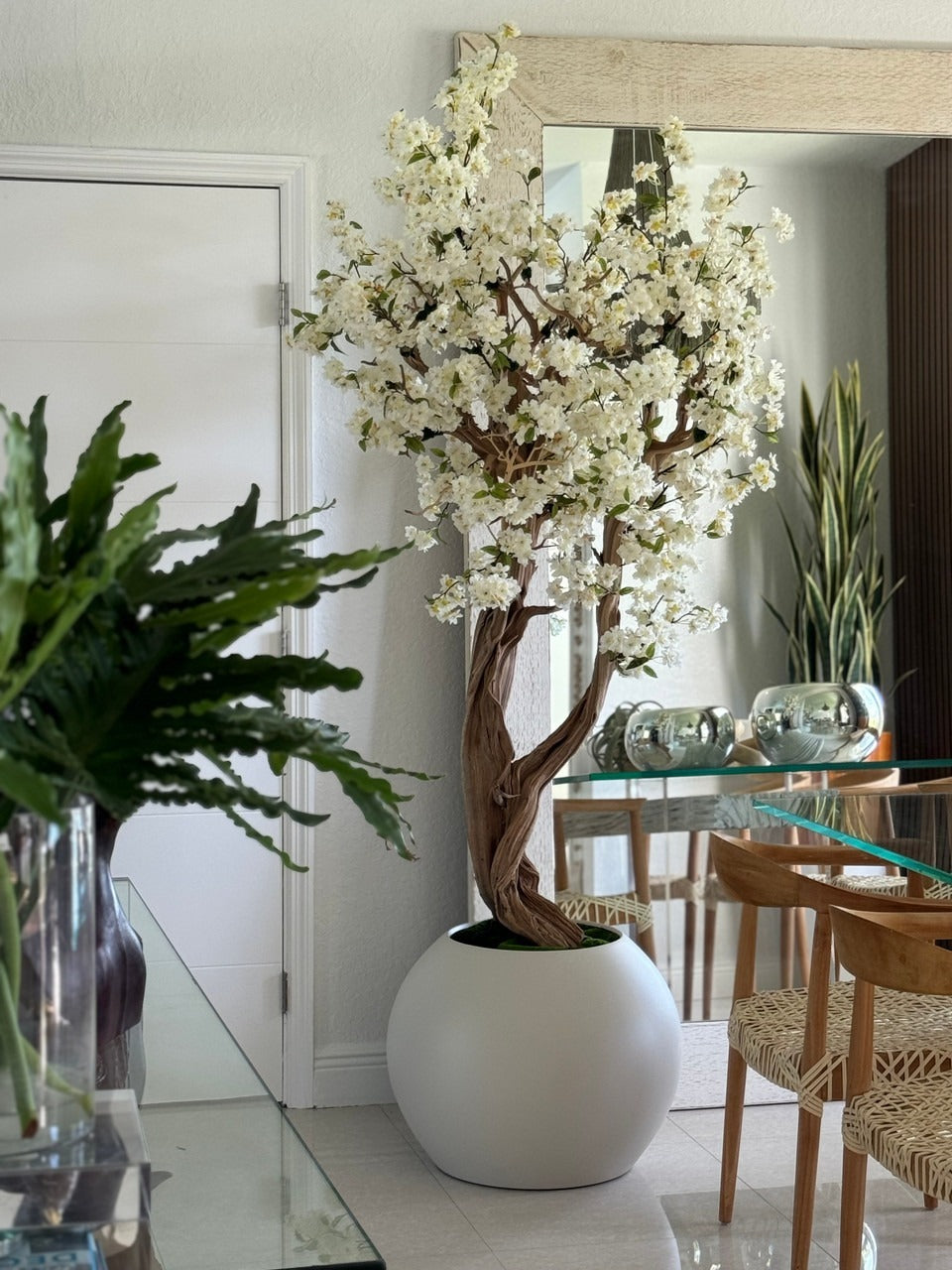 Matte Beige Globe with Custom Made Cherry Blossom Tree